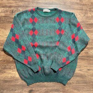 VINTAGE EATON BIRKDALE Green Red Argyle Sweater Made in UK - Large